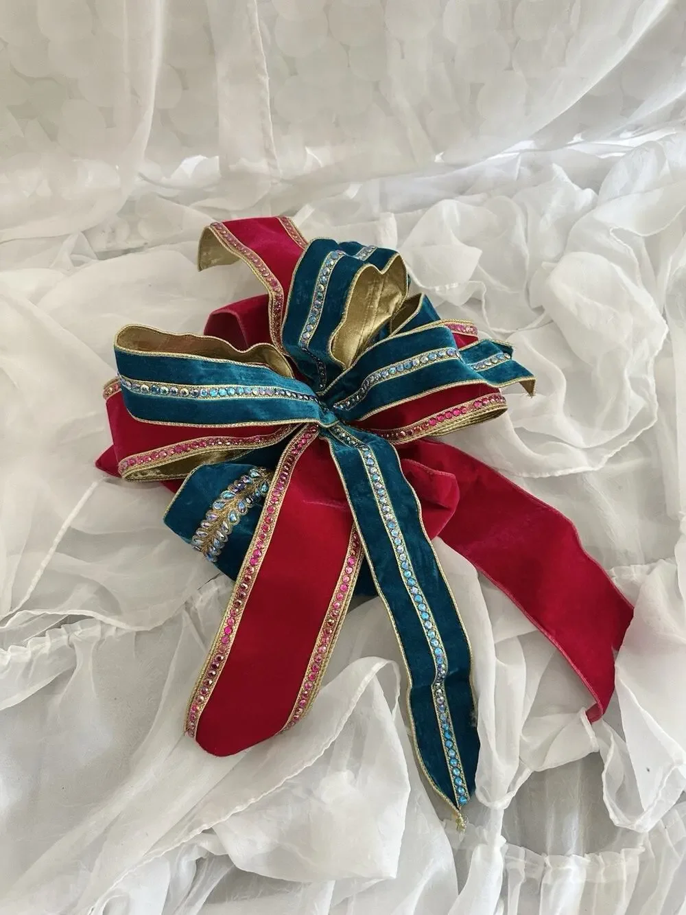 LARGE Handmade Velvet Crystal Christmas Bows Pink Blue Gold Tree Wreath Decor